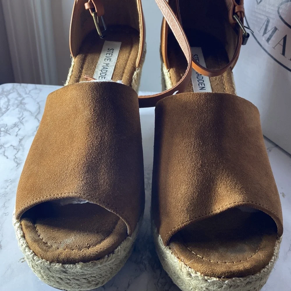 Steve Madden Jaylen Sandals Cognac Suede Shoes Size  10 Espadrilles with Box